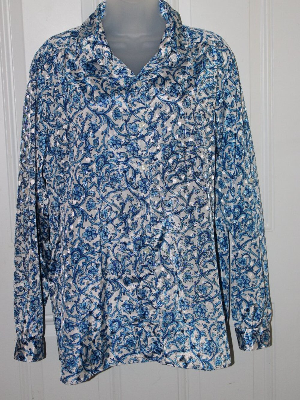 All Hours Vintage Button Up Shirt Blouse Blue Floral Women's Size XL Made